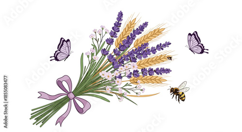 Bouquet of purple lavender, golden wheat, and small white flowers is tied with a ribbon and surrounded by insects.