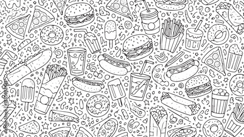 Hand Drawn Fast Food Collection Doodle Style.