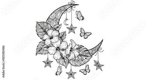 Detailed black and white line art of a crescent moon is decorated with hibiscus flowers, stars, and butterflies.