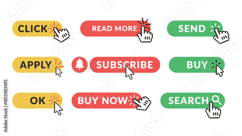 A collection of website buttons with text and cursor icons.