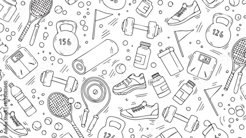 Handdrawn fitness and sports equipment seamless pattern.