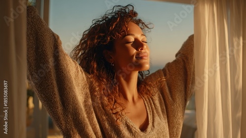 Wallpaper Mural Woman Enjoys Sunrise Light in Cozy Room with Soft Drapes Torontodigital.ca