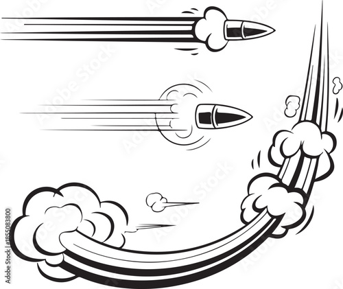 Comic book style flying bullets and curved trail with speed effect on transparent backdrop