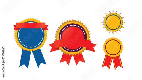 Three award ribbons with red and blue colors are displayed.