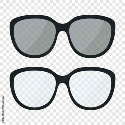 Black Glasses and Sunglasses, Vector Illustration. Stylish Eyewear, Transparent Lens and Dark Shades. Modern Fashion Accessory for Optics, Vision Correction, Summer Design Concept