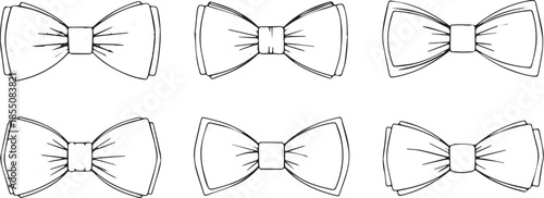 Set of six handdrawn bow tie illustrations in black and white.