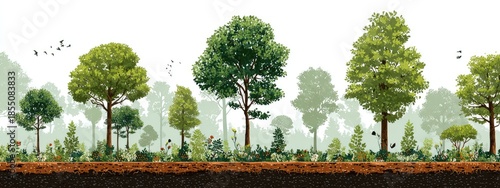 a detailed cross sectional view of vegetation growth over time. it showcases a progression of various tree types from seedlings to fully mature trees
