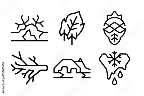 Six stylized icons representing natural phenomena isolated on a white background