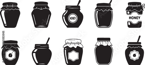 Set of various jam and honey jars in silhouette style.