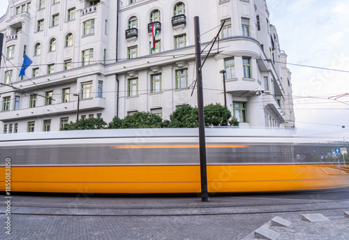 Long Exposure of a Streetcar in Budapest Hungary Moving