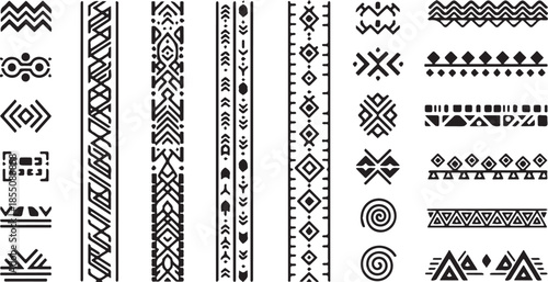 Set of various tribal ethnic seamless borders and patterns.