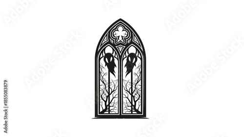 Gothic Window Silhouette with Spooky Figures and Bare Branches