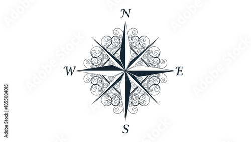 Ornate Compass Rose with Swirls and Cardinal Directions, Nautical Navigation Symbol