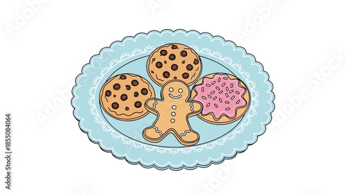 Gingerbread Man and Chocolate Chip Cookies on a Blue Plate - Sweet Treats Collection