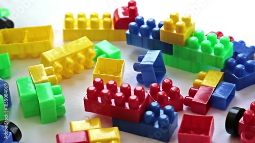 Colorful plastic building blocks scattered on a surface, showing creativity, learning, childhood play, education concepts, and fun toy background for kids development.