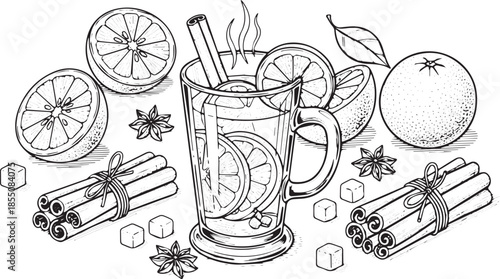 Warm Mulled Wine with Orange Slices and Cinnamon Sticks.