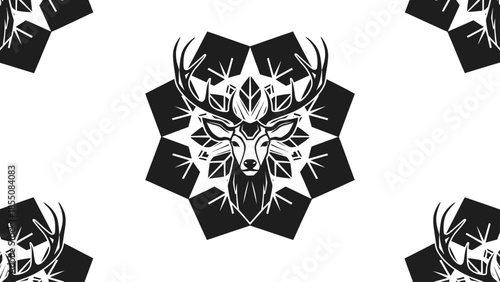 Stylized Deer Head with Snowflake Mandala - Black and White Vector Art