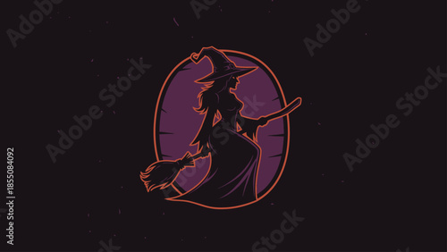 Silhouette of a witch flying on a broomstick against a purple oval background