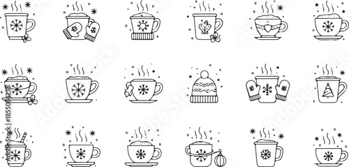 Winter Hot Drinks Collection HandDrawn Mugs with Snowflake Designs.