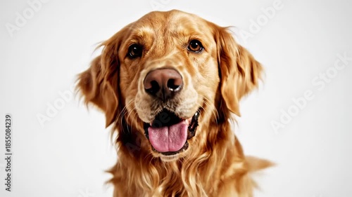 Portrait of a happy and friendly Golden Retriever dog panting with its tongue out, looking at the camera on a white background