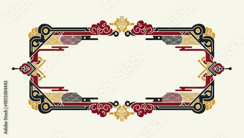Elegant East Asian Decorative Frame with Clouds and Geometric Patterns