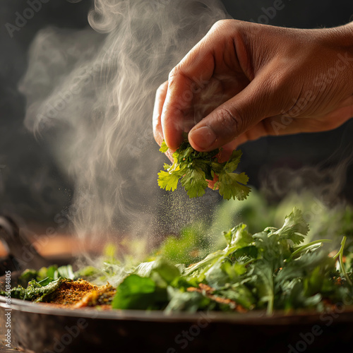 hand adding cilantro a pan with fresh vegetables