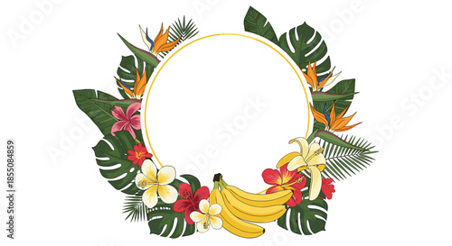 Circular tropical frame features a cluster of yellow bananas, hibiscus, and bird of paradise flowers with palm leaves.