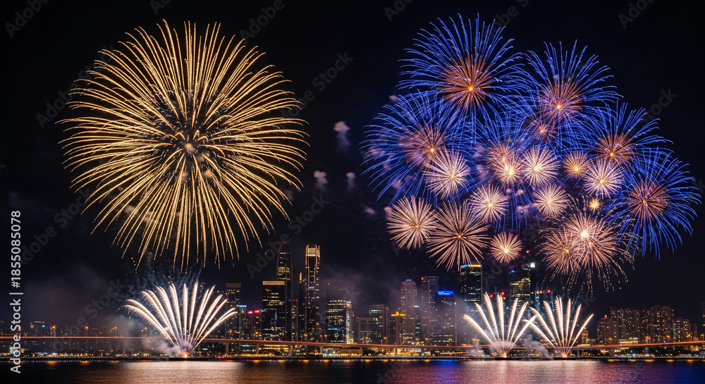 Obraz premium Night view of multiple fireworks over a cityscape and water, suggesting celebration, festival, or holiday event with a background of illuminated buildings