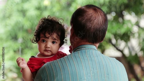 A grandfather holds his granddaughter during monsoon rain in an Uttarakhand village, showing family bonding, rural poverty, simple life, and peaceful mountain lifestyle in India.
