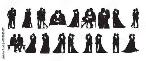  Romantic couple set. kissing and hugging in various poses, romantic poses, love embrace, kissing moment. vector illustration eps 10