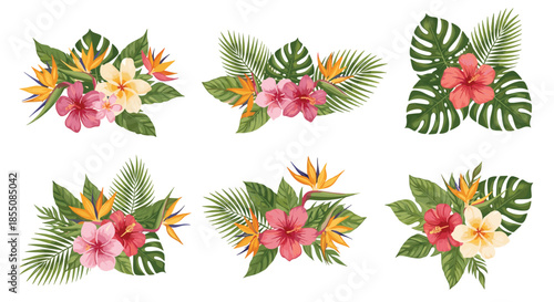 Collection of six tropical floral arrangements features hibiscus, plumeria, bird of paradise, and monstera leaves.