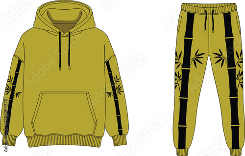 Hoodie, sweatpants, bamboo, mustard, fashion, sketch, front, back, silhouette, posture, gesture, setup, vector, black, pose, flavector, minimal, garment, technical, flat, cad drawing flat vector