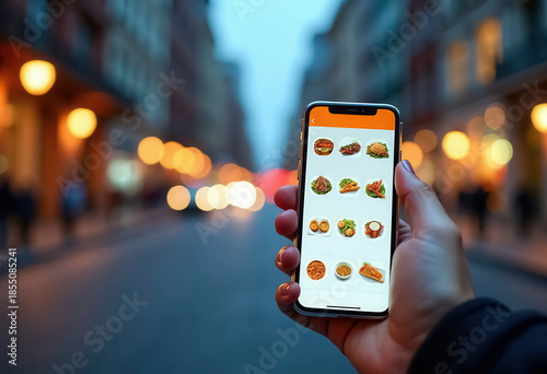 Close-up of a smartphone in the hand against a blurry cityscape with an interactive food delivery app interface on the screen, featuring icons of various cuisines.