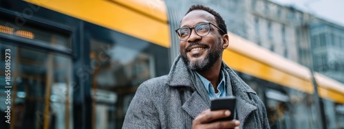 an individual standing on what appears to be a subway platform, waiting for a train. they are dressed in casual attire with a patterned jacket, holding a phone and looking to the side with a smile
