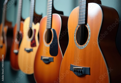 Several guitars hanging on the wall