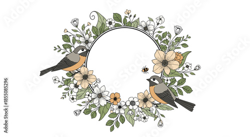 Circular frame with two birds and peach colored flowers among green foliage is presented on a white background.