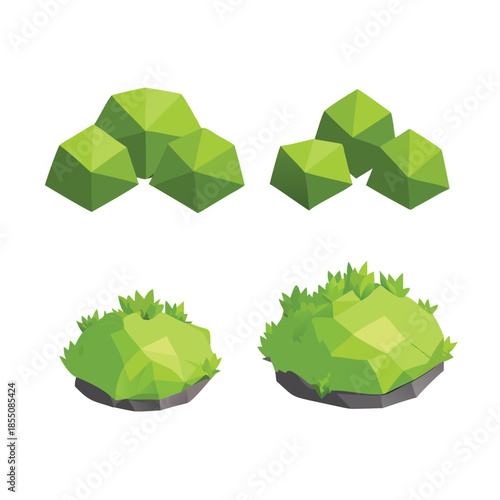 Low Poly Green Bush and Shrub Vector Illustration Set