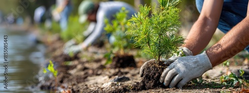 a man is planting trees along a water's edge. he is wearing gloves and is surrounded by other individuals also engaged in tree planting
