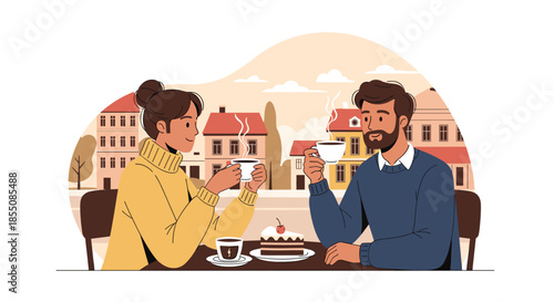 Happy couple enjoying a warm drink together in a cozy cafe with a charming European city street view in the background.