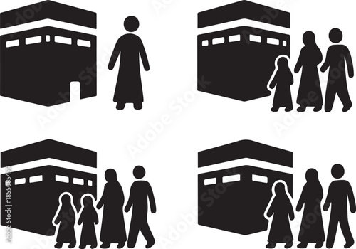Islamic pilgrimage icons featuring the Kaaba and pilgrims silhouette