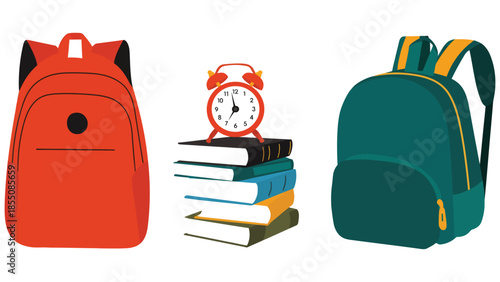 Three backpacks and a stack of books with an alarm clock on top.