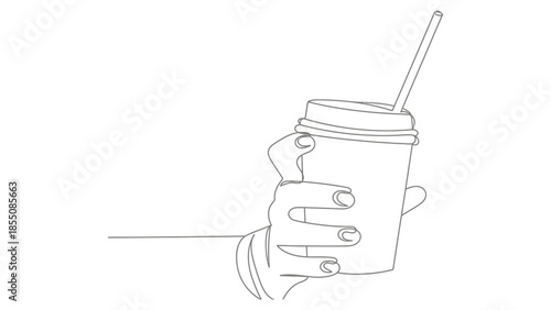 A hand holds a disposable coffee cup with a straw.