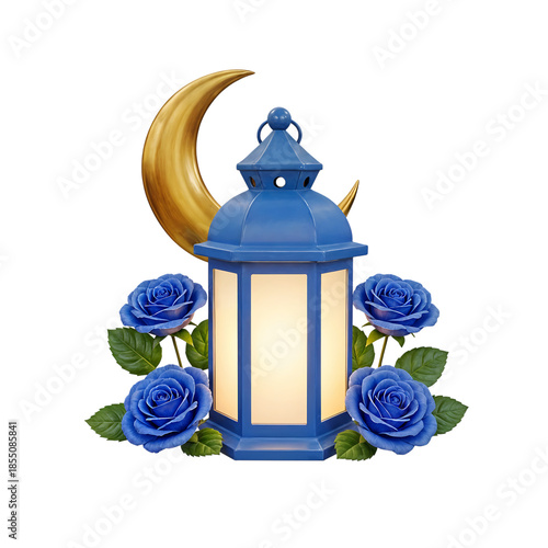 Ramadan Lantern with Crescent Moon and Blue Roses
