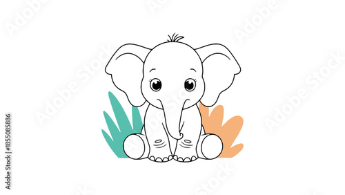 A cute baby elephant sits in front of colorful leaves.