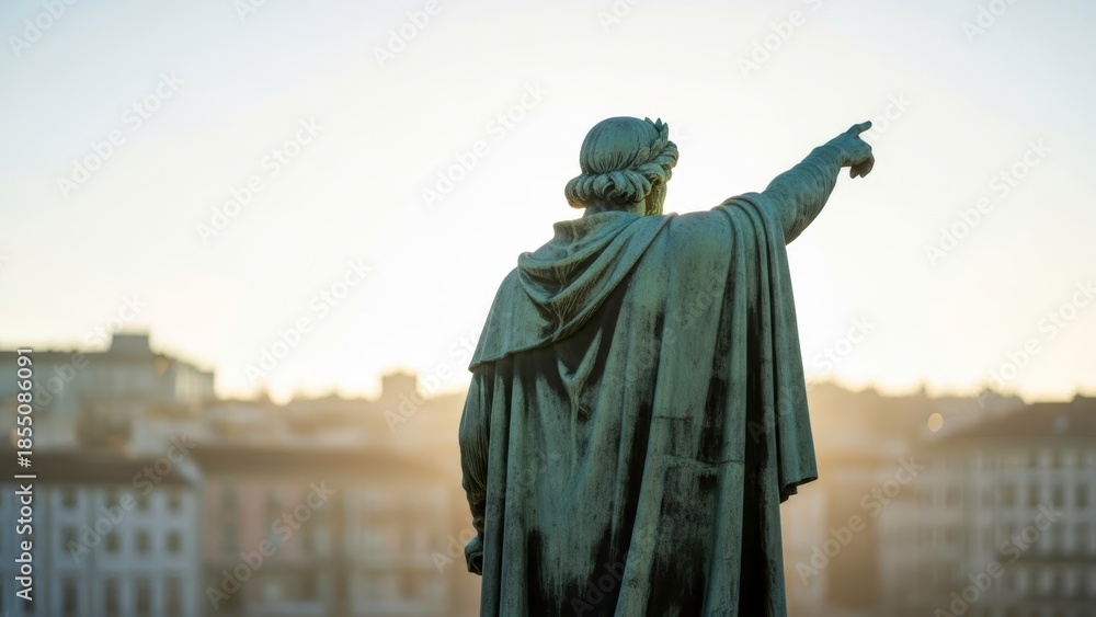 Fototapeta premium A statue of a man pointing towards the city skyline at sunset