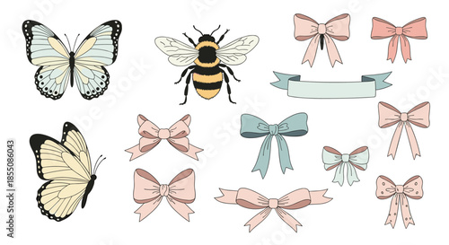Charming collection of pastel butterflies a bumblebee and various decorative pink and blue ribbons and bows for creative design.