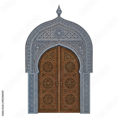Ornate Wooden Door with Intricate Silver Archway and Carvings