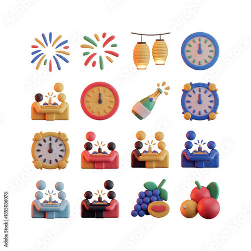 New Year’s Day 3D Clay Icon Set  Global Celebration & Tradition Symbols