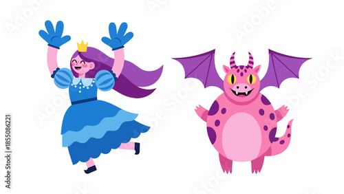 Princess dancing with dragob, vector illustration design