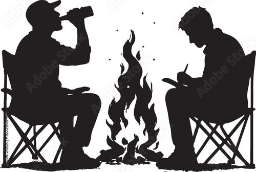 Silhouette seated in camping chairs around a campfire, one drinking and the other writing, with embers floating, evoking a cozy outdoor scene white backgraund